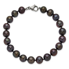 Chisel Stainless Steel Polished 9-10mm Hand Knotted Black Round Freshwater Cultured Pearl 8 inch Bracelet SRB3162-8