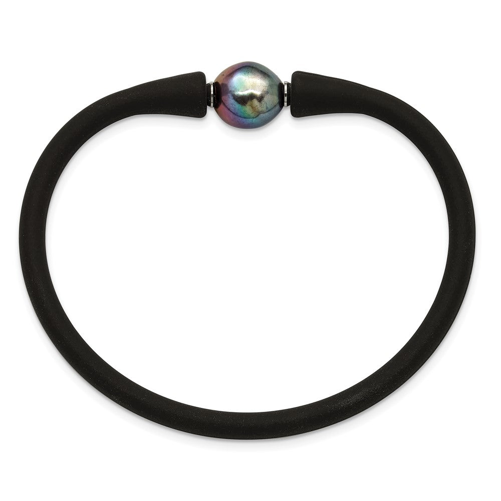 Chisel Stainless Steel Polished 9-10mm Black Baroque Freshwater Cultured Pearl on Black Silicone 6.75 inch Bracelet SRB3163BKBK