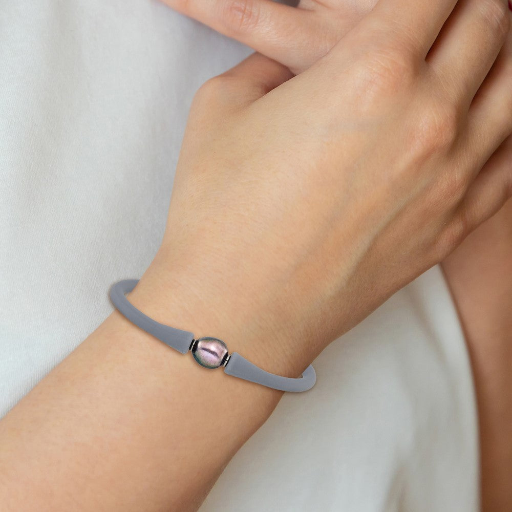 Chisel Stainless Steel Polished 9-10mm Black Baroque Freshwater Cultured Pearl on Grey Silicone 6.75 inch Bracelet SRB3163BKGR