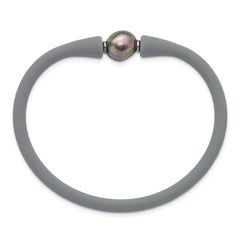 Chisel Stainless Steel Polished 9-10mm Black Baroque Freshwater Cultured Pearl on Grey Silicone 6.75 inch Bracelet SRB3163BKGR
