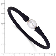 Chisel Stainless Steel Polished 9-10mm White Baroque Freshwater Cultured Pearl on Black Silicone 6.75 inch Bracelet SRB3163WHBK