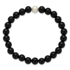 Chisel 8-9mm Black Onyx and White Freshwater Cultured Pearl Beaded 7.25 inch Stretch Bracelet SRB3166