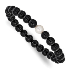 Chisel 8-9mm Black Onyx and White Freshwater Cultured Pearl Beaded 7.25 inch Stretch Bracelet SRB3166