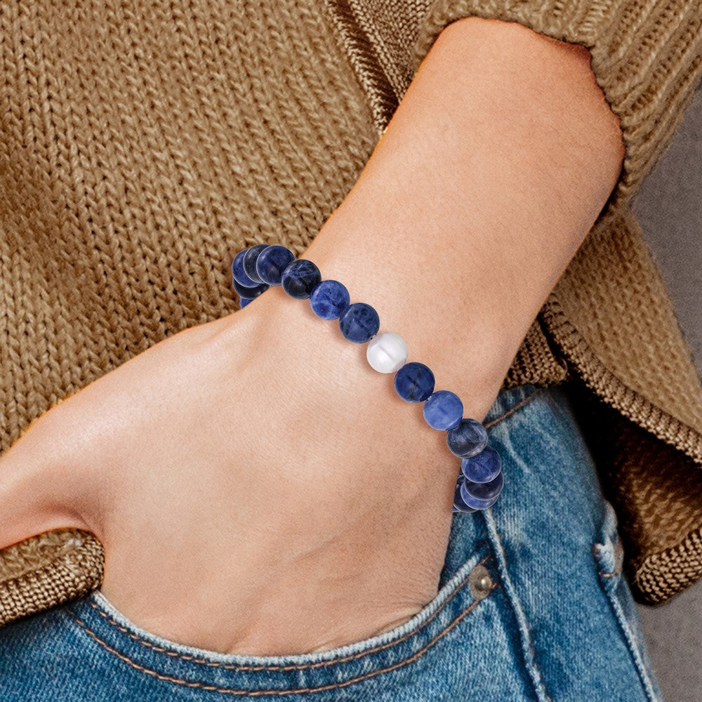 Chisel 8-9mm Lapis and White Freshwater Cultured Pearl Beaded 7.25 inch Stretch Bracelet SRB3167