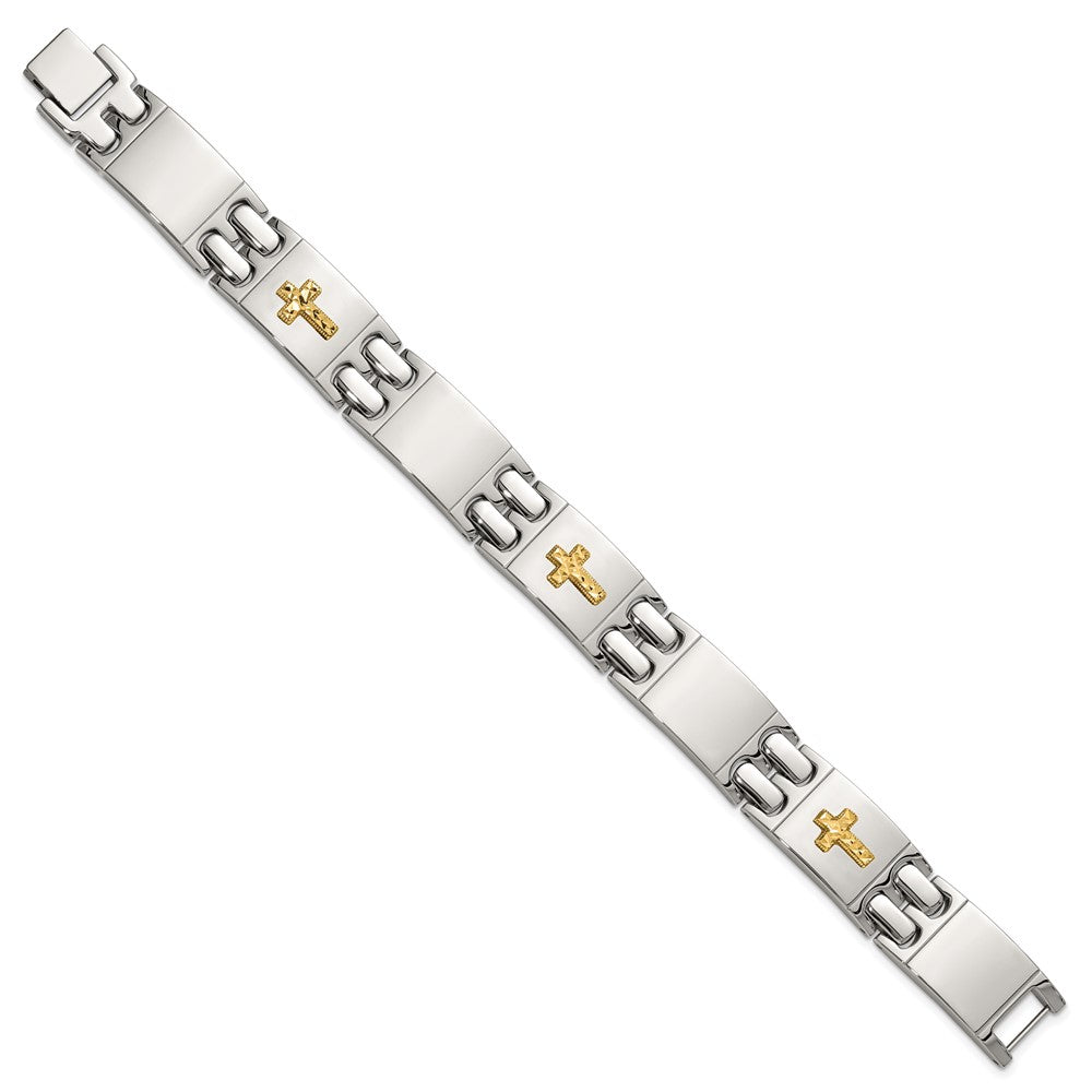 Chisel Stainless Steel Polished with Diamond-cut 14K Gold Accent Cross 8 inch Link Bracelet SRB3170-8