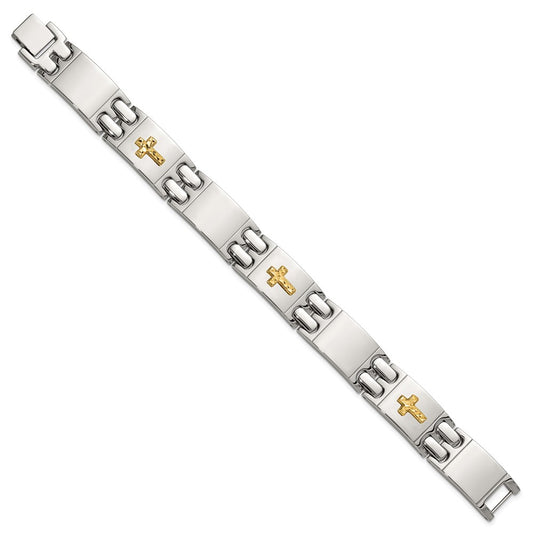 Chisel Stainless Steel Polished with Diamond-cut 14K Gold Accent Cross 8 inch Link Bracelet SRB3170-8