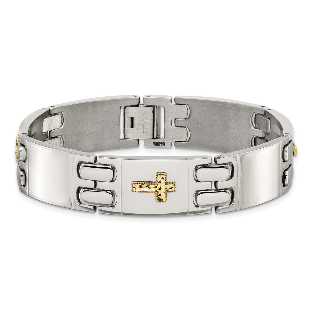 Chisel Stainless Steel Polished with Diamond-cut 14K Gold Accent Cross 8 inch Link Bracelet SRB3170-8
