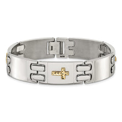 Chisel Stainless Steel Polished with Diamond-cut 14K Gold Accent Cross 8 inch Link Bracelet SRB3170-8