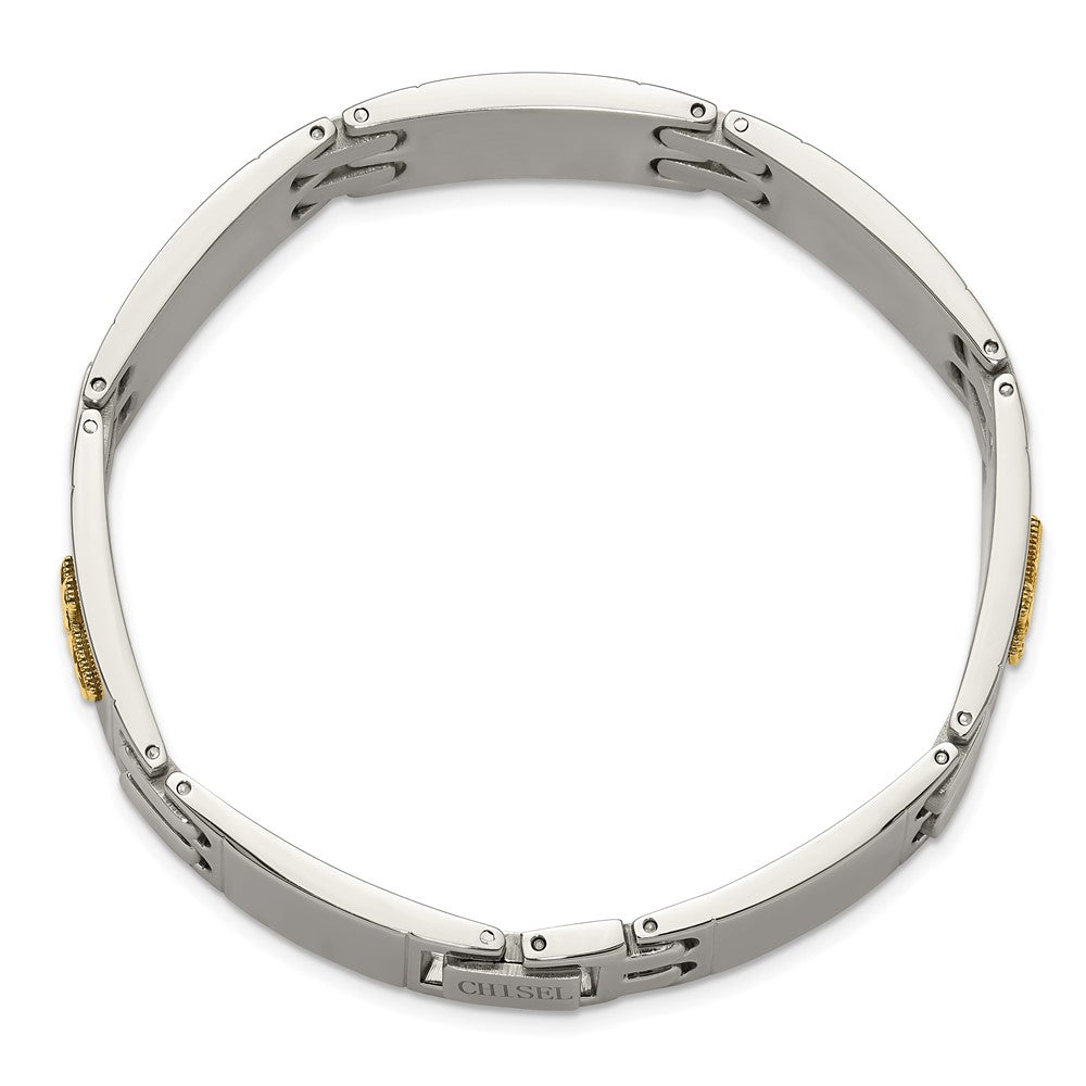 Chisel Stainless Steel Polished with Diamond-cut 14K Gold Accent Cross 8 inch Link Bracelet SRB3170-8