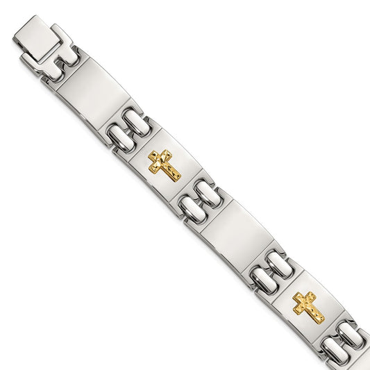 Chisel Stainless Steel Polished with Diamond-cut 14K Gold Accent Cross 8 inch Link Bracelet SRB3170-8