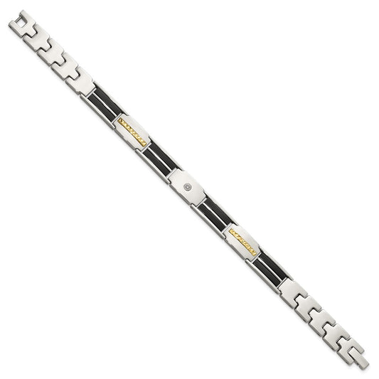 Chisel Stainless Steel Polished with Diamond-cut 14K Gold Accent and 1/20ct. Diamond with Black Enamel 8 inch Bracelet SRB3172-8