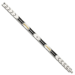 Chisel Stainless Steel Polished with Diamond-cut 14K Gold Accent and 1/20ct. Diamond with Black Enamel 8 inch Bracelet SRB3172-8