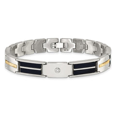 Chisel Stainless Steel Polished with Diamond-cut 14K Gold Accent and 1/20ct. Diamond with Black Enamel 8 inch Bracelet SRB3172-8