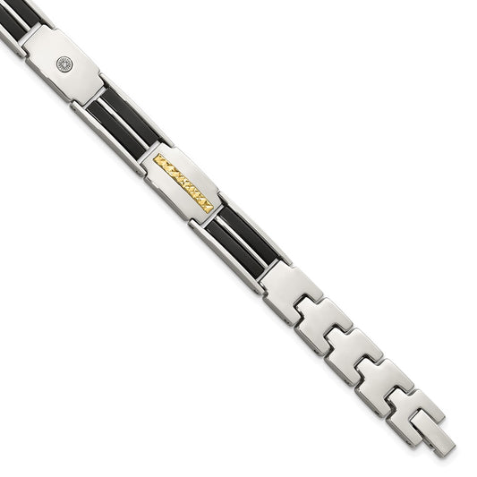 Chisel Stainless Steel Polished with Diamond-cut 14K Gold Accent and 1/20ct. Diamond with Black Enamel 8 inch Bracelet SRB3172-8