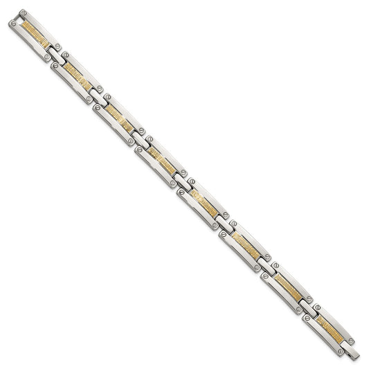 Chisel Stainless Steel Polished with 14K Gold Accent Basket Weave Pattern 8.5 inch Link Bracelet SRB3174-8.5