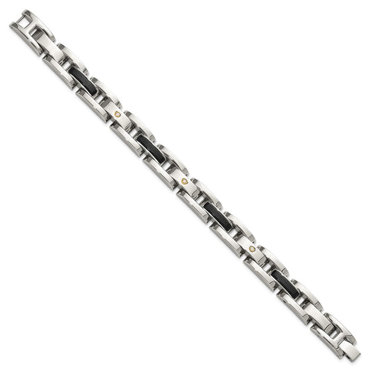 Chisel Stainless Steel Polished with 14K Gold Accent and 1/20ct. Diamond and Onyx 8.25 inch Link Bracelet SRB3175-8.25