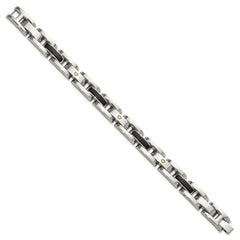 Chisel Stainless Steel Polished with 14K Gold Accent and 1/20ct. Diamond and Onyx 8.25 inch Link Bracelet SRB3175-8.25