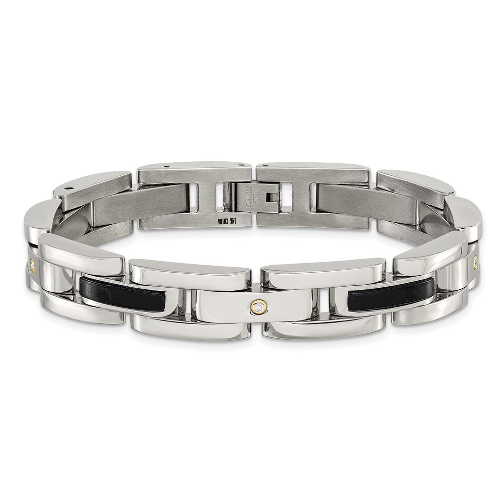 Chisel Stainless Steel Polished with 14K Gold Accent and 1/20ct. Diamond and Onyx 8.25 inch Link Bracelet SRB3175-8.25