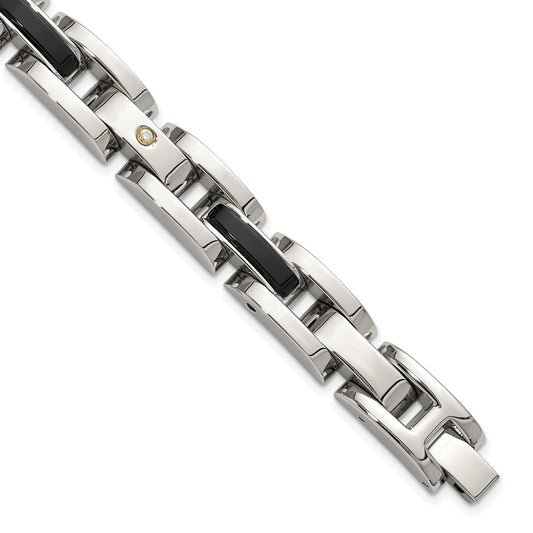 Chisel Stainless Steel Polished with 14K Gold Accent and 1/20ct. Diamond and Onyx 8.25 inch Link Bracelet SRB3175-8.25