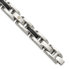 Chisel Stainless Steel Polished with 14K Gold Accent and 1/20ct. Diamond and Onyx 8.25 inch Link Bracelet SRB3175-8.25
