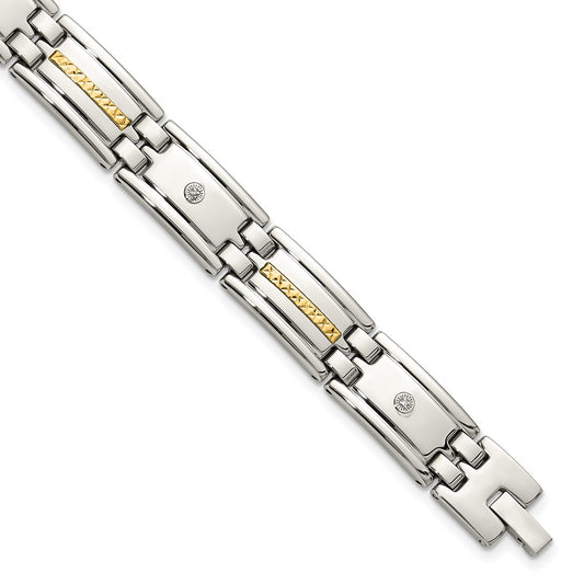 Chisel Stainless Steel Polished with Diamond-cut 14K Gold Accent and .03ct. Diamond 8.75 inch Link Bracelet SRB3176-8.75