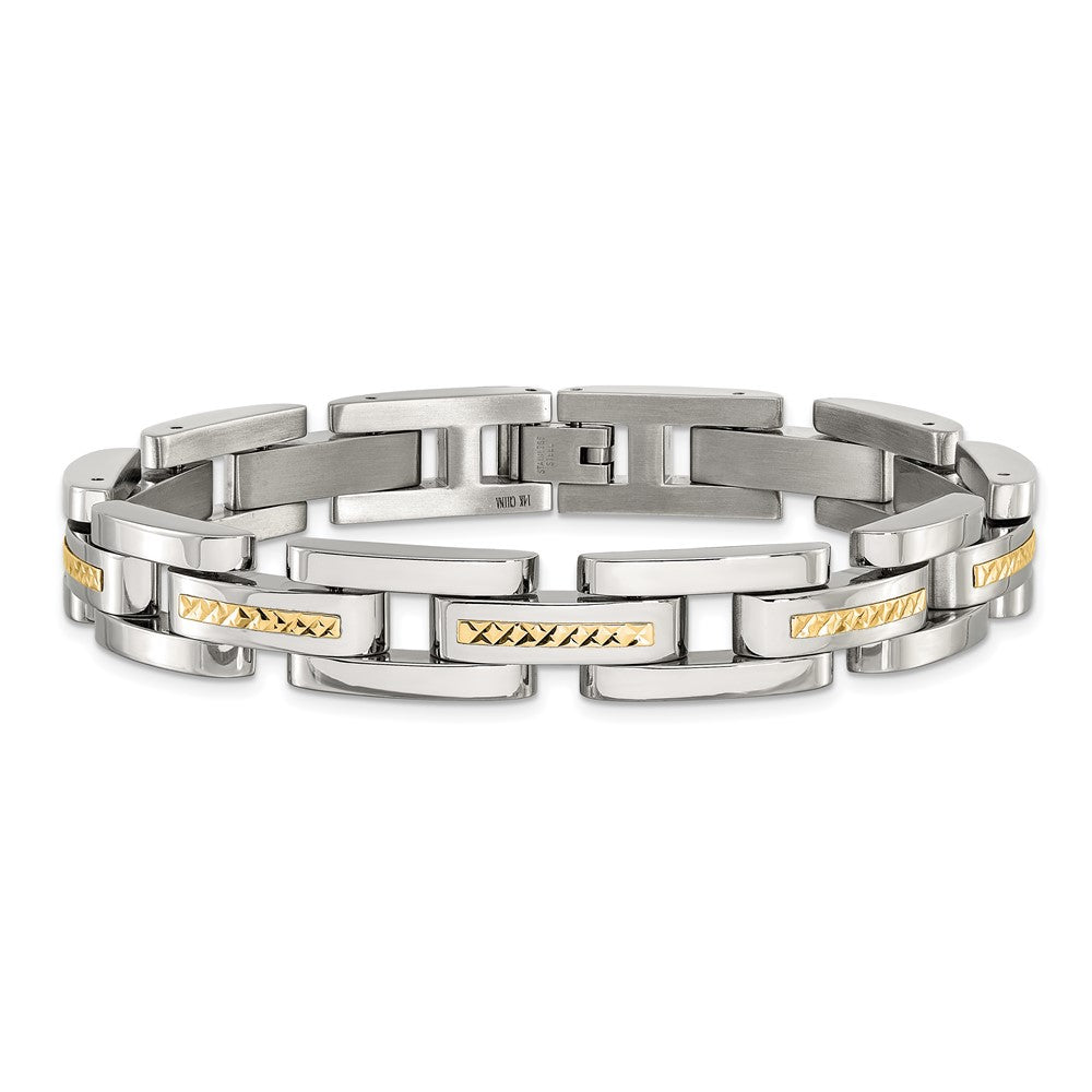 Chisel Stainless Steel Polished with Diamond-cut 14K Gold Accent 9 inch Link Bracelet SRB3184-9