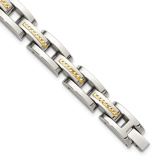 Chisel Stainless Steel Polished with Diamond-cut 14K Gold Accent 9 inch Link Bracelet SRB3184-9