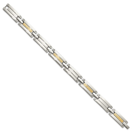 Chisel Stainless Steel Polished with 14K Gold Accent Basket Weave 8.5 inch Link Bracelet SRB3185-8.5