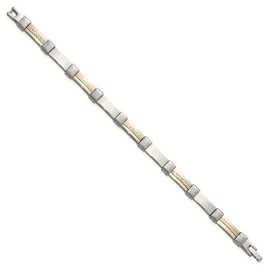 Chisel Stainless Steel Brushed and Polished with Diamond-cut 14K Gold Accent 8.25 inch Link Bracelet SRB3187-8.25