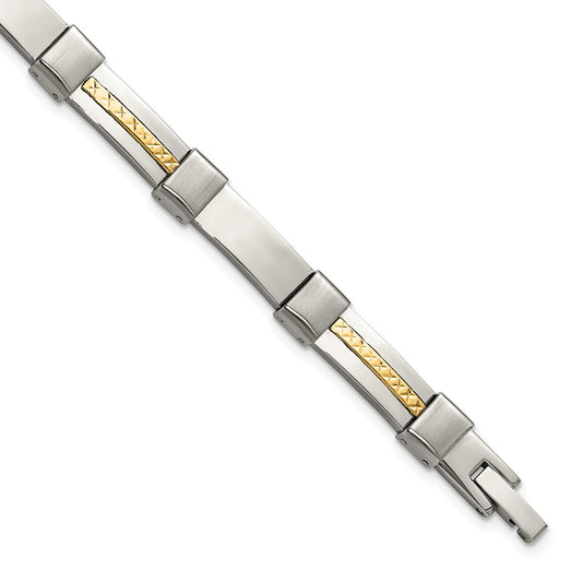 Chisel Stainless Steel Brushed and Polished with Diamond-cut 14K Gold Accent 8.25 inch Link Bracelet SRB3187-8.25