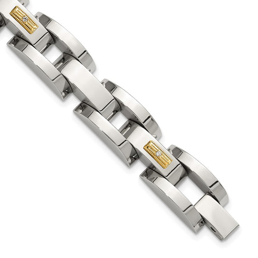 Chisel Stainless Steel Polished with 14K Gold Accent and 1/20ct. Diamond 8.25 inch Link Bracelet SRB3195-8.25