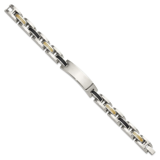 Chisel Stainless Steel Polished with 14K Gold Accent and Onyx 8.75 inch ID Link Bracelet SRB3203-8.75