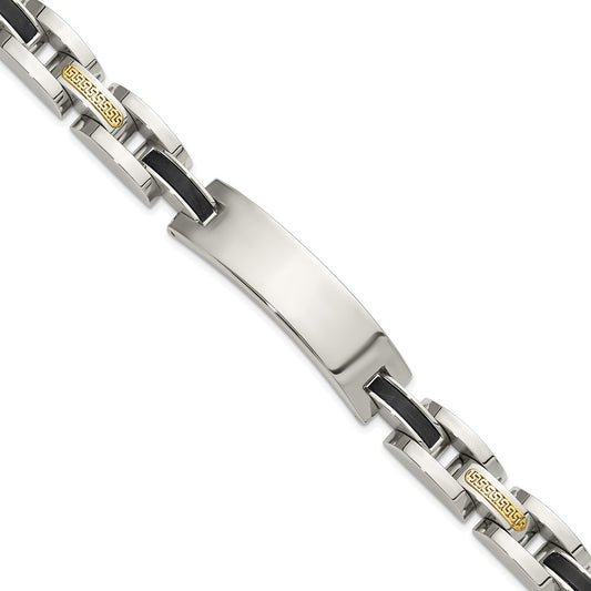 Chisel Stainless Steel Polished with 14K Gold Accent and Onyx 8.75 inch ID Link Bracelet SRB3203-8.75