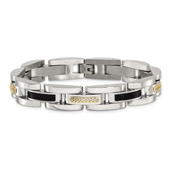 Chisel Stainless Steel Polished with 14K Gold Accent and Onyx 8.25 inch Link Bracelet SRB3204-8.25