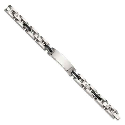 Chisel Stainless Steel Polished with 14K White Gold Accent and .02ct Diamond and Onyx 8.75 inch Bracelet SRB3205-8.75