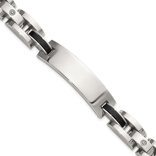 Chisel Stainless Steel Polished with 14K White Gold Accent and .02ct Diamond and Onyx 8.75 inch Bracelet SRB3205-8.75