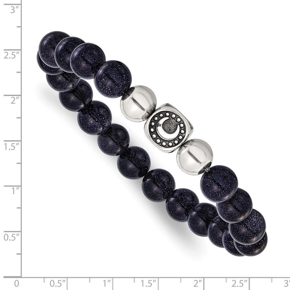 Chisel Stainless Steel Antiqued and Polished 10mm Blue Quartz Beaded Moon 7.5 inch Stretch Bracelet SRB3212