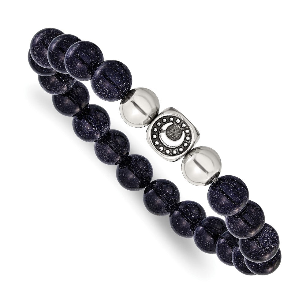 Chisel Stainless Steel Antiqued and Polished 10mm Blue Quartz Beaded Moon 7.5 inch Stretch Bracelet SRB3212