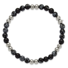 Chisel Stainless Steel Polished 6.5mm Black and Grey Synthetic Agate 7.75 inch Stretch Bracelet SRB3213