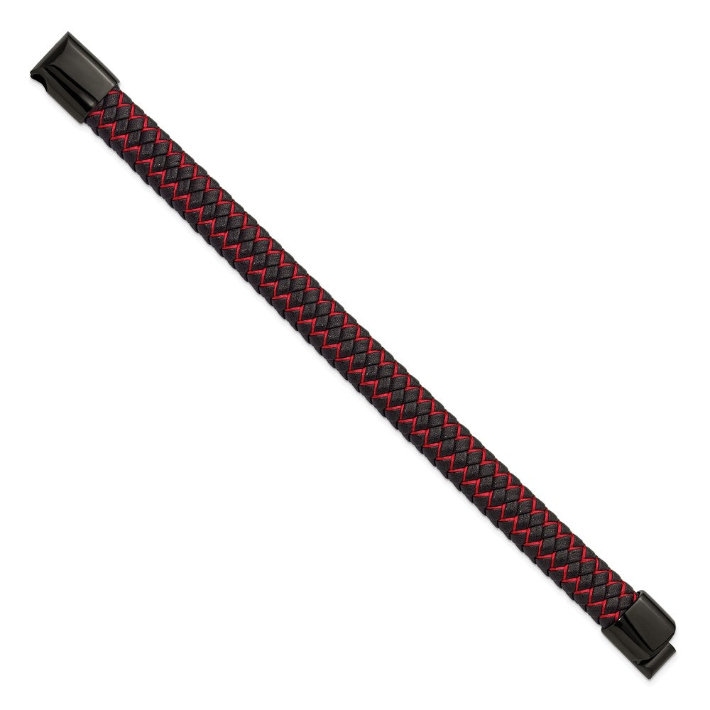 Chisel Stainless Steel Polished Black IP-plated Black Leather and Red Fabric 8.25 inch Bracelet SRB3215-8.25