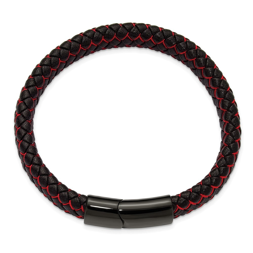 Chisel Stainless Steel Polished Black IP-plated Black Leather and Red Fabric 8.25 inch Bracelet SRB3215-8.25