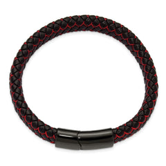 Chisel Stainless Steel Polished Black IP-plated Black Leather and Red Fabric 8.25 inch Bracelet SRB3215-8.25