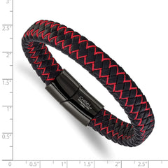 Chisel Stainless Steel Polished Black IP-plated Black Leather and Red Fabric 8.25 inch Bracelet SRB3215-8.25