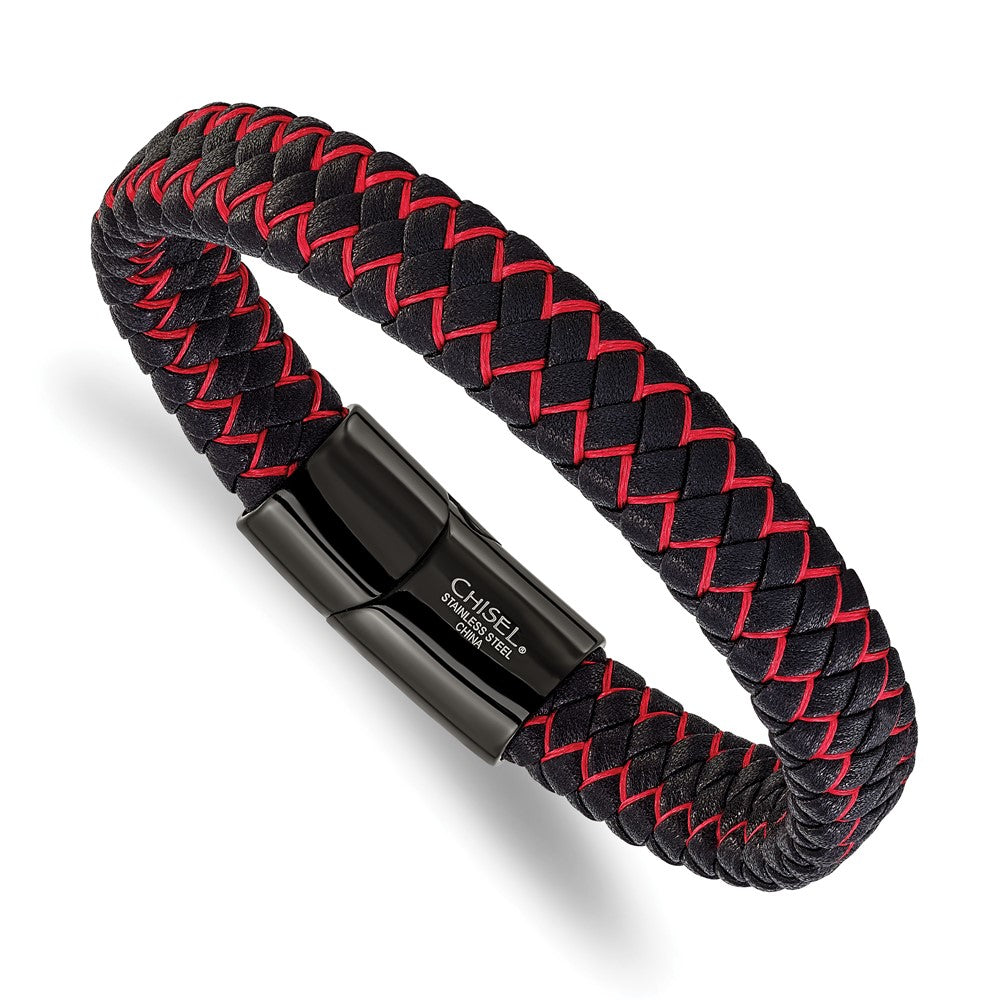 Chisel Stainless Steel Polished Black IP-plated Black Leather and Red Fabric 8.25 inch Bracelet SRB3215-8.25