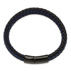 Chisel Stainless Steel Polished Black IP-plated Black Leather and Blue Fabric 8.25 inch Bracelet SRB3216-8.25