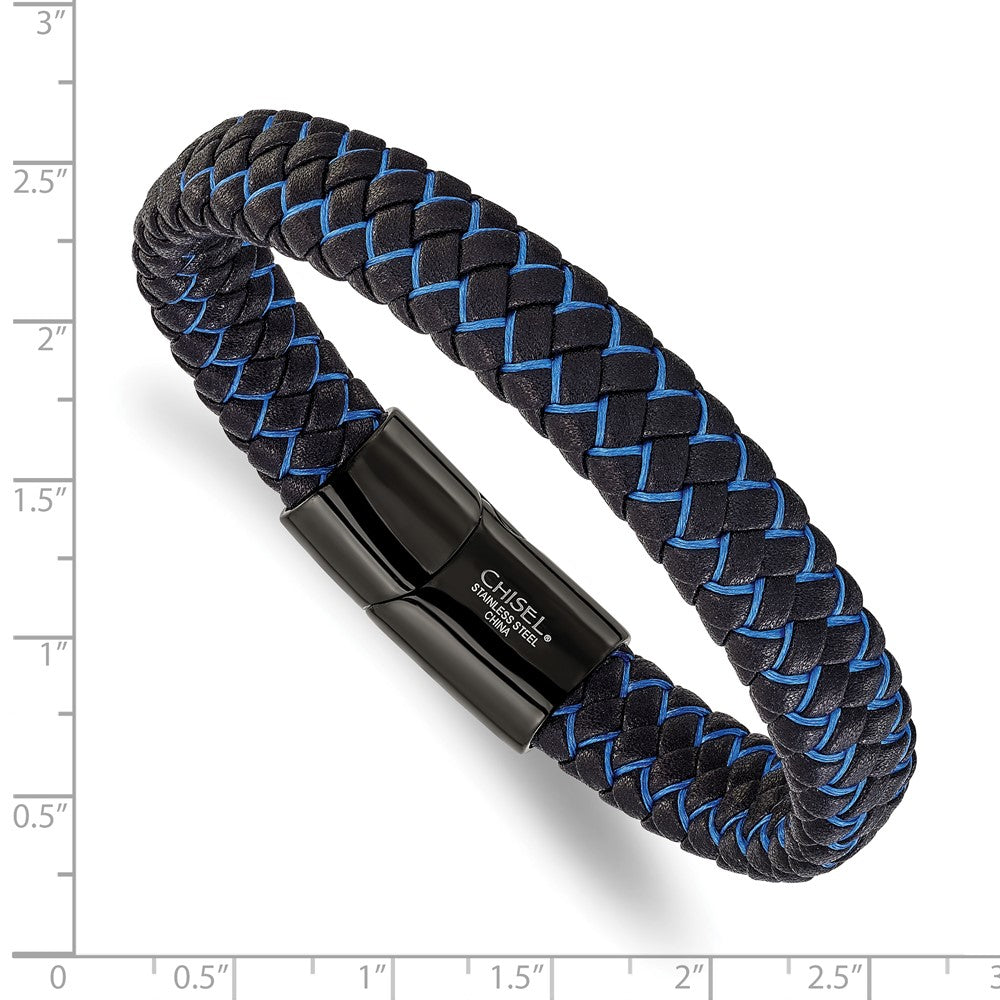Chisel Stainless Steel Polished Black IP-plated Black Leather and Blue Fabric 8.25 inch Bracelet SRB3216-8.25