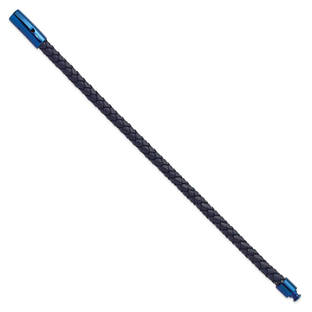 Chisel Stainless Steel Polished Blue IP-plated and Navy Blue Leather 8.25 inch Bracelet SRB3219-8.25