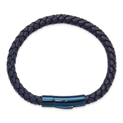 Chisel Stainless Steel Polished Blue IP-plated and Navy Blue Leather 8.25 inch Bracelet SRB3219-8.25