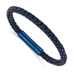 Chisel Stainless Steel Polished Blue IP-plated and Navy Blue Leather 8.25 inch Bracelet SRB3219-8.25
