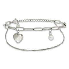Chisel Stainless Steel Polished Mother of Pearl Heart and Simulated Pearl 6.5 inch Plus a 2 inch Extension Bracelet SRB3221-6.5